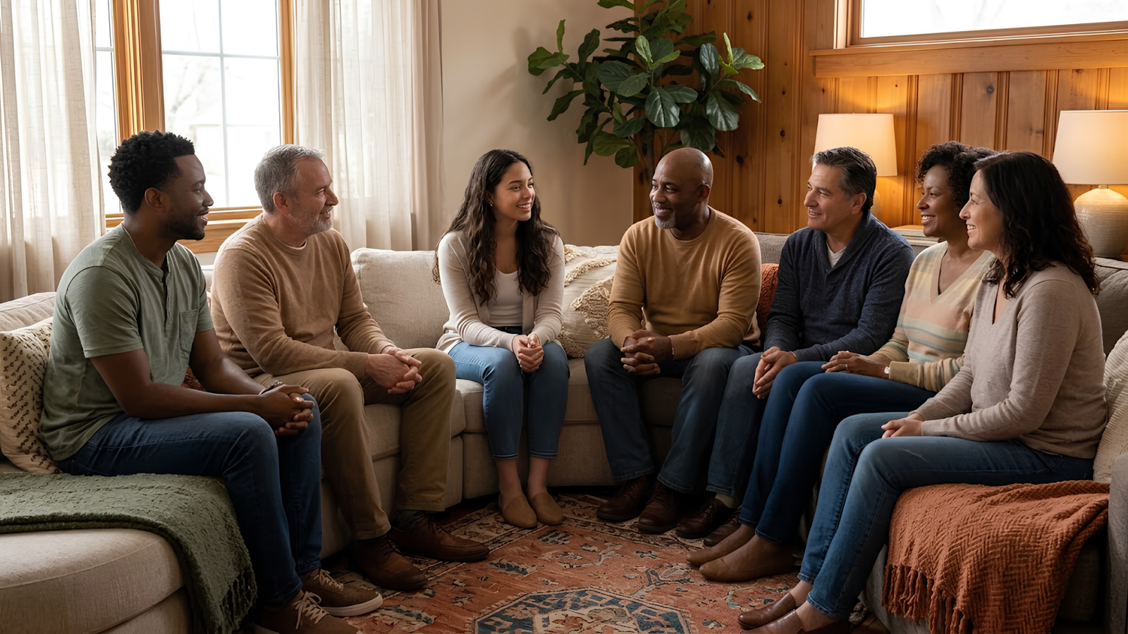 A diverse group of adults sitting together in a warm, cozy living room sharing a supportive conversation